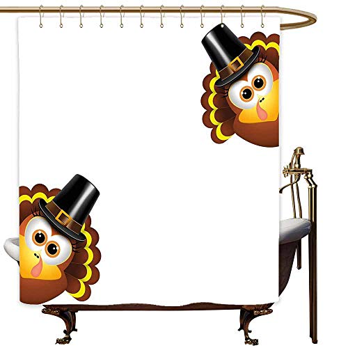 SKDSArts Shower Curtains Long Turkey,Silly Turkey Cartoon Animal Characters with Pilgrims Hat Autumn Feast Day,Brown Black Yellow,W71 x L90,Shower Curtain for clawfoot tub