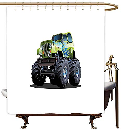 SKDSArts Shower Curtains Blue and Gray Truck,Cool Monster Truck Boyhood Dreams Giant Wheels Off Road Vehicle,Sky Blue Apple Green Dark Taupe,W48 x L72,Shower Curtain for Women