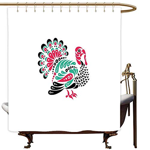 SKDSArts Shower Curtains for Bathroom Marvel Turkey,Thanksgiving Themed Animal Design with Paisleys Ornamental Elements,Pink Sea Green Black White,W48 x L72,Shower Curtain for Shower stall