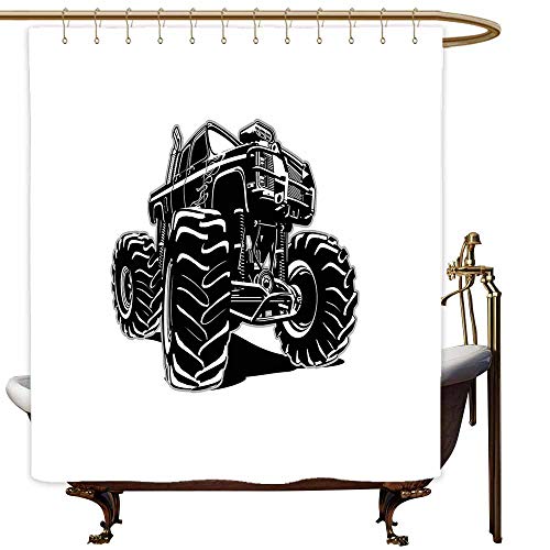 SKDSArts Shower Curtains Victorian Truck,Modified Automobile Monochrome Sketch Pattern Monster Pickup Truck Off Road Vehicle,Black White,W60 x L72,Shower Curtain for Small Shower stall