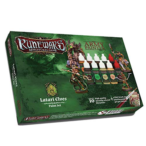 The Army Painter Runewars - Latari Elves Paint Set - Highly Pigmented Acrylic Model Paint Set with Bonus Hobby Paint Brush and Painting Guide - 10 Model Paints in 18ml Dropper Bottles