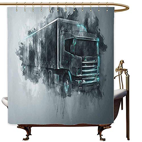 SKDSArts Shower Curtains for Bathroom Teal Color Truck,Greyscale Illustration of a Tractor Trailer with Paint Smears Cargo Delivery,Grey Turquoise,W48 x L72,Shower Curtain for Men