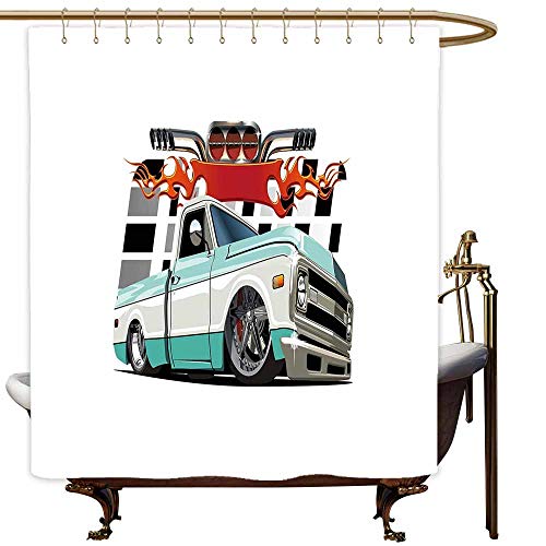 SKDSArts Shower Curtains Beach Scenes Truck,Lowrider Pickup with Racing Flag Pattern Background Speeding on The Streets Modified,Multicolor,W36 x L72,Shower Curtain for Girls