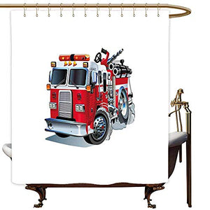 SKDSArts Shower Curtains Metalic Truck,Fire Brigade Vehicle Emergency Aid for Public Firefighter Transportation Themed Lorry,Grey Red,W72 x L72,Shower Curtain for clawfoot tub