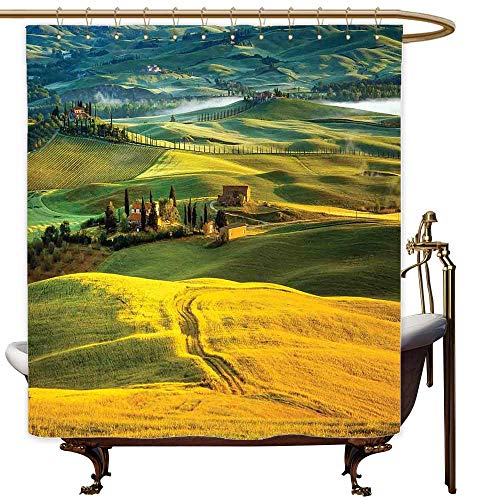 SKDSArts Shower Curtains for Bathroom Small Tuscan,Idyllic Landscape of Tuscany Road and Cypresses to Medieval Farmhouse Image,Mustard and Green,W69 x L90,Shower Curtain for Shower stall