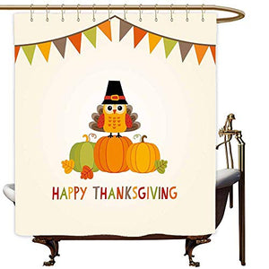 SKDSArts Shower Curtains Fabric Zen Turkey,Little Bird Sitting on Pumpkins with Pilgrims Hat Festive Autumn Holiday Design,Multicolor,W65 x L72,Shower Curtain for Women