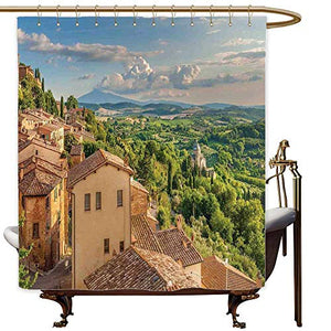 SKDSArts Shower Curtains Trendy Tuscan,Sunset Rural Landscape Cypresses Forest Hills Greenery Blue Sky Clouds,Ivory Green and Blue,W72 x L72,Shower Curtain for Shower stall