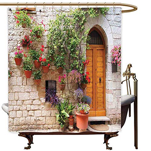 SKDSArts Shower Curtains Mildew Resistant Purple Tuscan,Begonia Blossoms in Box Window Wooden Shutters Brick Wall Romagna Italy,Orange White Green,W72 x L72,Shower Curtain for Bathroom