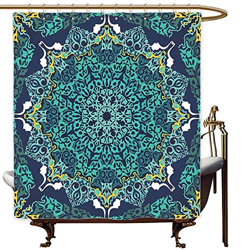 SKDSArts Shower Curtains Black Kids Turkish Pattern,Authentic Motifs of Ottoman Culture Round and Floral Shape,Turquoise Dark Blue Yellow,W48 x L72,Shower Curtain for Girls Bathroom