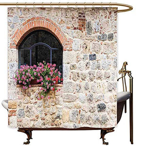 SKDSArts Shower Curtains Tuscan,Gothic Architecture Abandoned Old Stone House Vintage Stairs in Tuscany,Ivory Pink and Salmon,W60 x L72,Shower Curtain for Men