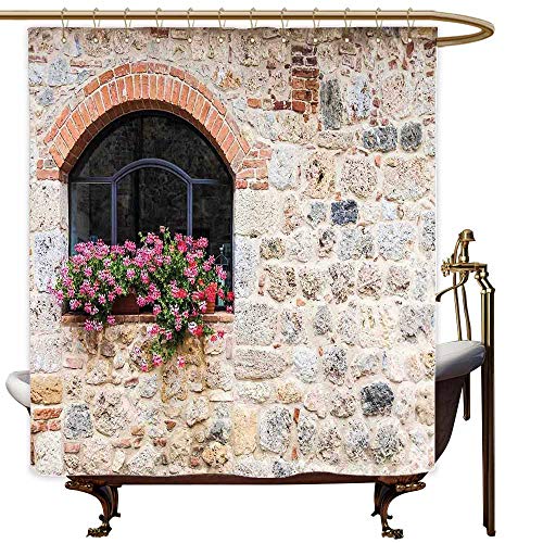 SKDSArts Shower Curtains Tuscan,Gothic Architecture Abandoned Old Stone House Vintage Stairs in Tuscany,Ivory Pink and Salmon,W60 x L72,Shower Curtain for Men