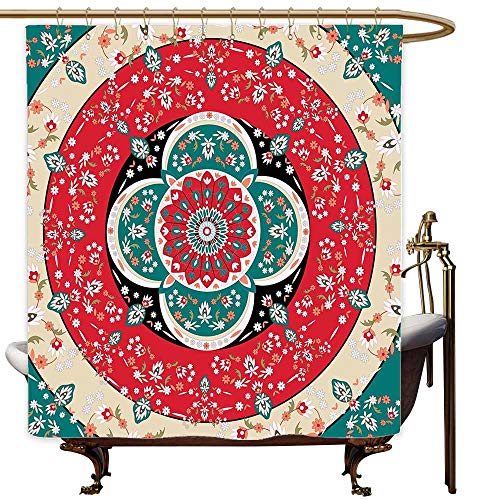 SKDSArts Shower Curtains Fabric Blue Turkish Pattern,Circles with Little Pink Blossoms Traditional Floral Design Spring Inspired,Multicolor,W71 x L90,Shower Curtain for Small Shower stall