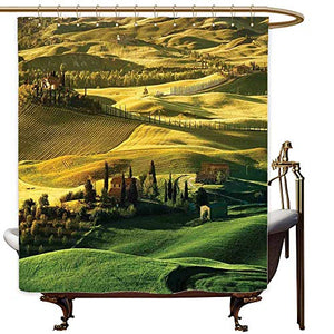 SKDSArts Shower Curtains Black Gray red Tuscan,Peaceful Landscape of Pienza Tuscany Vineyard Trees Meadow Hill Ancient House,Green and Khaki,W60 x L72,Shower Curtain for Girls