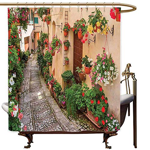 SKDSArts Shower Curtains Unisex Tuscan,Entrance to Mediterranean Tuscan House Rustic Wooden Door and Colorful Flowers Image,Multicolor,W36 x L72,Shower Curtain for Shower stall