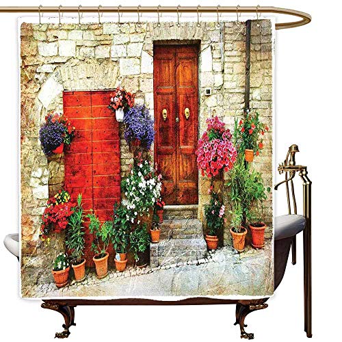 SKDSArts Shower Curtains Gray and Teal Tuscan,Colorful Flowers Outside Home in Italian Hilltown Assisi Rustic Door Image,Ivory Orange Violet,W69 x L90,Shower Curtain for clawfoot tub